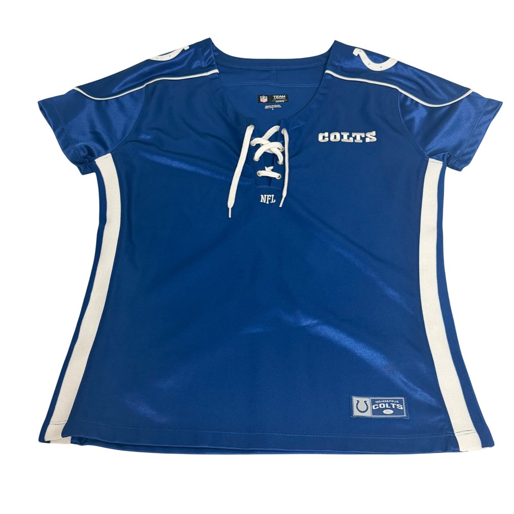 NFL Team Apparel Indianapolis Colts Women Large Blue Lace Up V Neck Jersey Tee